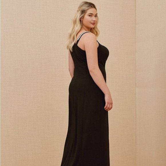 TORRID SPECIAL OCCASION BLACK CREPE RHINESTONE SLIT GOWN, SIZE: 16 - Picture 7 of 9